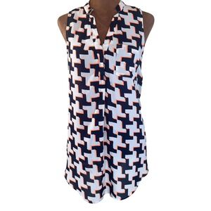 Papermoon Sleeveless Blouse Women's Medium Navy Orange Geometric V-Neck EUC